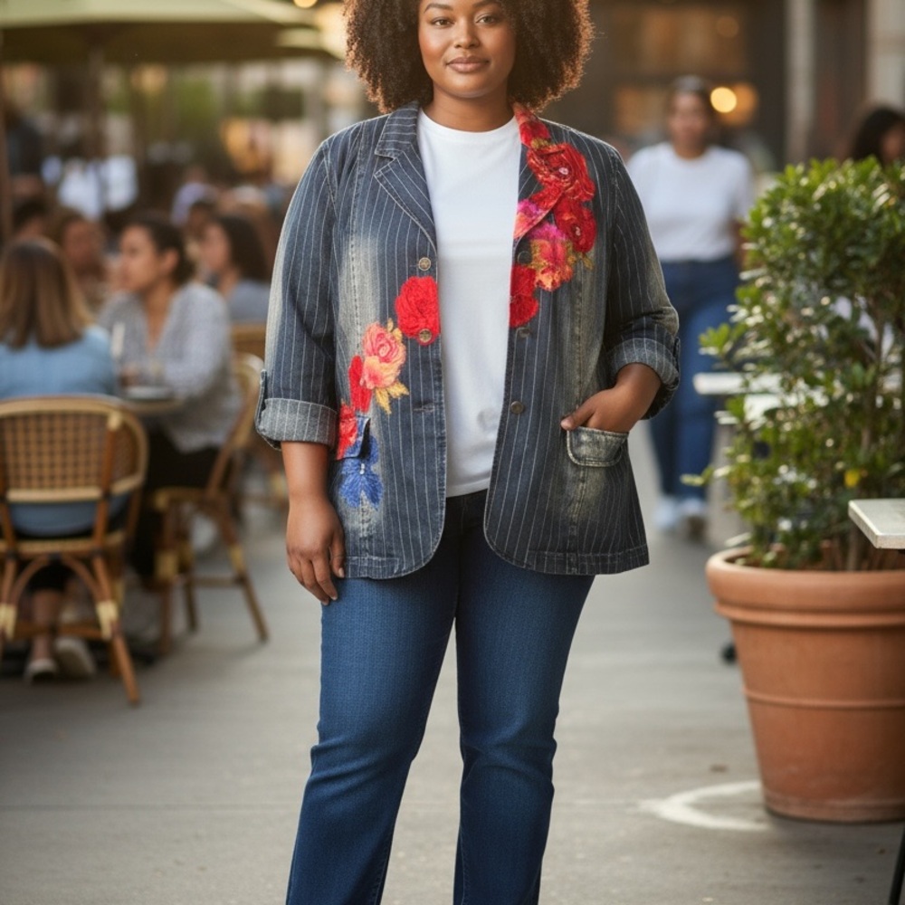 Diane Gilman Denim Jacket with Floral Embroidered satin flowers 2X Women’s